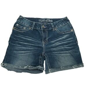 Myth‎ of Jade Shorts Womens 6 Blue Denim Distressed Frayed Stretch Dark Wash